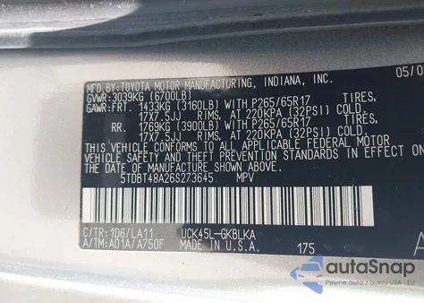 2006 Toyota Sequoia Limited V8 z USA, uszkodzony, nr VIN 5TDBT48A26S273645